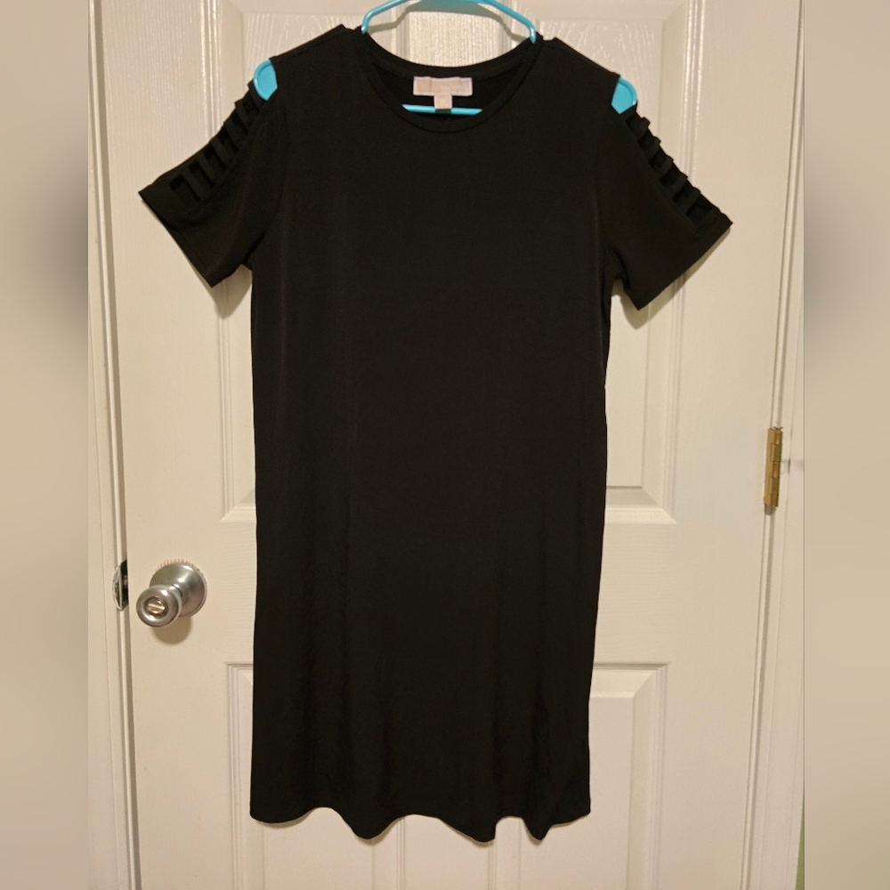 Michael Kors Black Stretch Distressed Shoulder Shift Dress Medium - Picture 2 of 7